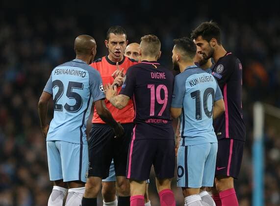 Fernandinho of Manchester City and Sergio Aguero of Manchester City disagrees with the referee during the Champions League Group C match at the Etihad Stadium, Manchester. Picture date: November 1st, 2016. Pic Simon Bellis Sportimage EDITORIAL USE ONLY. No use with unauthorised audio, video, data, fixture lists, club league logos or live services. Online in-match use limited to 120 images, no video emulation. No use in betting, games or single club league player publications.