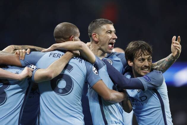 (161102) -- MANCHESTER, Nov. 2, 2016 -- Players of Manchester City celebrate after scoring during the UEFA Champions League Group C match between Manchester City and Barcelona at Etihad Stadium in Manchester, Britain, on Nov. 1, 2016. Manchester City won 3-1. ) (SP)BRITAIN-MANCHESTER-SOCCER-UEFA CHAMPIONS LEAGUE-MAN CITY VS BARCELONA HanxYan 