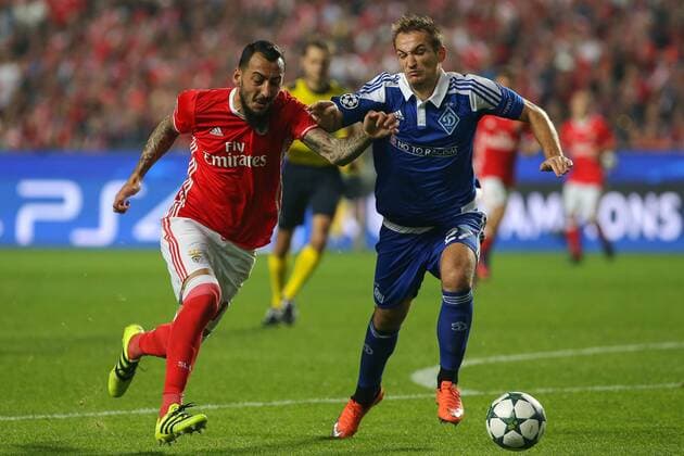 November 1, 2016 - Lisbon, Lisbon, Portugal - Benficas forward Kostas Mitroglou from Greece (L) and Dynamo Kyivs defender Yevhen Makarenko from Ucrain (R) during UEFA Champions League Group B, match between SL Benfica and Dynamo Kyiv, at Luz Stadium in Lisbon on November 1, 2016. SL Benfica v FC Dynamo Kyiv - UEFA Champions League  - ZUMAn230 20161101_zaa_n230_218