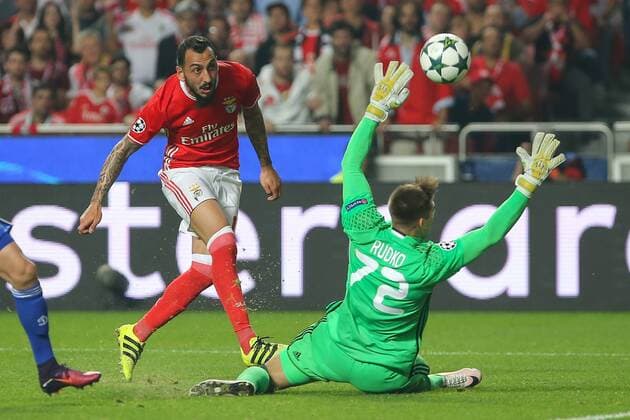 November 1, 2016 - Lisbon, Lisbon, Portugal - Benficas forward Kostas Mitroglou from Greece (L) and Dynamo Kyivs goalkeeper Artur Rudko from Ucraine (R) during UEFA Champions League Group B, match between SL Benfica and Dynamo Kyiv, at Luz Stadium in Lisbon on November 1, 2016. SL Benfica v FC Dynamo Kyiv - UEFA Champions League  - ZUMAn230 20161101_zaa_n230_226