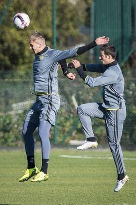 Anderlecht s Lukasz Teodorczyk and Anderlecht s Uros Spajic pictured in action during a training session of Belgian first league soccer team RSC Anderlecht, Wednesday 02 November 2016. Tomorrow Anderlecht is playing the fourth game of the group stage of the Europa League competition against German club 1. FSV Mainz 05, in the group C. LAURIExDIEFFEMBACQ  x04970778x