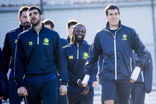 Gent s Stefan Mitrovic, Gent s Dieumerci Ndongala and Gent s Jeremy Perbet pictured during a training session of Belgian soccer team KAA Gent, Wednesday 02 November 2016, in Gent. Tomorrow Gent is playing Ukrainian club FC Shakhtar Donetsk in the fourth match of the group stage of the Europa League competition, in Group H. JASPERxJACOBS  x04970844x