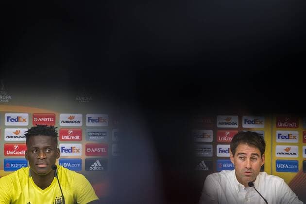 Anderlecht s Kara Mbodji and Anderlecht s head coach Rene Weiler pictured during a press conference PK Pressekonferenz of Belgian first league soccer team RSC Anderlecht, Wednesday 02 November 2016. Tomorrow Anderlecht is playing the fourth game of the group stage of the Europa League competition against German club 1. FSV Mainz 05, in the group C. LAURIExDIEFFEMBACQ  x04970909x