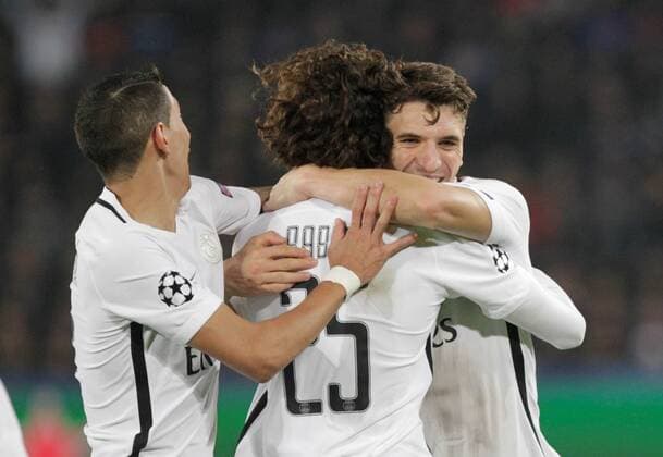 01 11 2016. Basel, Switzerland. Meunier(Paris Saint Germain) celebrates his goal with teammates during league champion FC Basel match against Paris Saint Germain at St. Jakob Park in Basel, Switzerland xlaurent.lairysx  ActionPlus11806887