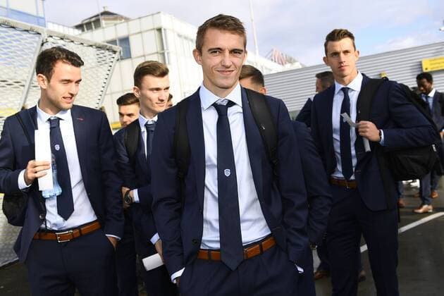 Genk s Timothy Castagne (C) pictured before the departure of Belgian first league soccer team KRC Genk to Bilbao, Spain, Wednesday 02 November 2016, from Maastricht Airport, in Maastricht, The Netherlands. Tomorrow KRC Genk is playing the fourth game of the group stage of the Europa League competition against Spanish Club Athletic Bilbao, in Group F. YORICKxJANSENS  x04970971x