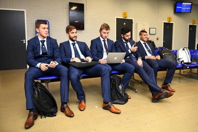 Genk s Bojan Nastic, Genk s Tino-Sven Susic, Genk s Jakub Brabec, Genk s Sandy Walsh and Genk s Nikolaos Karelis pictured before the departure of Belgian first league soccer team KRC Genk to Bilbao, Spain, Wednesday 02 November 2016, from Maastricht Airport, in Maastricht, The Netherlands. Tomorrow KRC Genk is playing the fourth game of the group stage of the Europa League competition against Spanish Club Athletic Bilbao, in Group F. YORICKxJANSENS  x04970963x