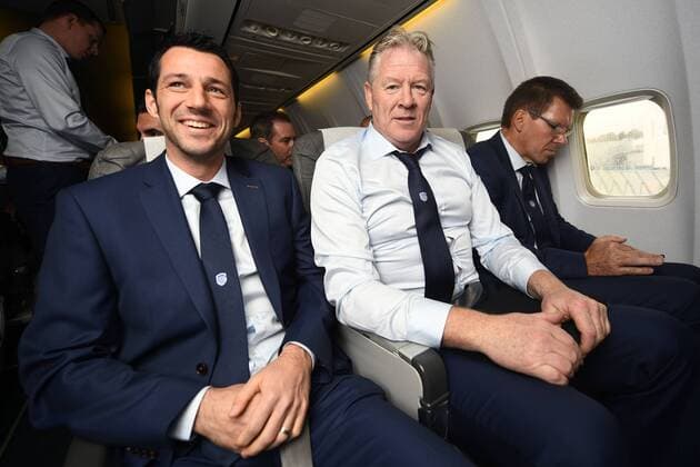 Genk s physical trainer Peter Catteeuw, Genk s head coach Peter Maes and Genk s assistant coach Rudy Cossey pictured before the departure of Belgian first league soccer team KRC Genk to Bilbao, Spain, Wednesday 02 November 2016, from Maastricht Airport, in Maastricht, The Netherlands. Tomorrow KRC Genk is playing the fourth game of the group stage of the Europa League competition against Spanish Club Athletic Bilbao, in Group F. YORICKxJANSENS  x04971006x