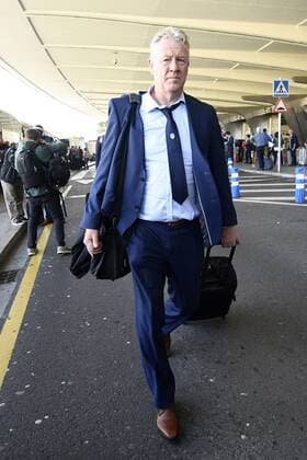Genk s head coach Peter Maes pictured after the arrival of Belgian first league soccer team KRC Genk at the airport in Bilbao, Spain, Wednesday 02 November 2016. Tomorrow KRC Genk is playing the fourth game of the group stage of the Europa League competition against Spanish Club Athletic Bilbao, in Group F. YORICKxJANSENS  x04971018x