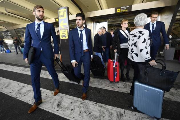 Genk s Tino-Sven Susic, Genk s Alejandro Pozuelo and Genk s goalkeeper Marco Bizot pictured after the arrival of Belgian first league soccer team KRC Genk at the airport in Bilbao, Spain, Wednesday 02 November 2016. Tomorrow KRC Genk is playing the fourth game of the group stage of the Europa League competition against Spanish Club Athletic Bilbao, in Group F. YORICKxJANSENS  x04971028x