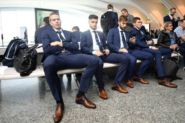 Genk s goalkeeper Marco Bizot, Genk s Paolo Sabak, Genk s Tino-Sven Susic and Genk s Bojan Nastic pictured after the arrival of Belgian first league soccer team KRC Genk at the airport in Bilbao, Spain, Wednesday 02 November 2016. Tomorrow KRC Genk is playing the fourth game of the group stage of the Europa League competition against Spanish Club Athletic Bilbao, in Group F. YORICKxJANSENS  x04971034x