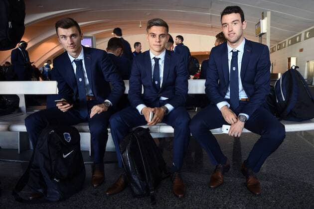 Genk s Brian Heynen, Genk s Leandro Trossard and Genk s Dries Wouters pictured after the arrival of Belgian first league soccer team KRC Genk at the airport in Bilbao, Spain, Wednesday 02 November 2016. Tomorrow KRC Genk is playing the fourth game of the group stage of the Europa League competition against Spanish Club Athletic Bilbao, in Group F. YORICKxJANSENS  x04971036x
