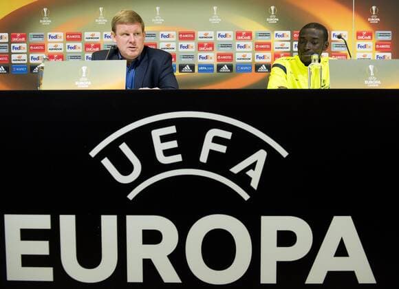 Gent s head coach Hein Vanhaezebrouck and Gent s Nana Asare pictured during a press conference PK Pressekonferenz of Belgian soccer team KAA Gent, Wednesday 02 November 2016, in Gent. Tomorrow Gent is playing Ukrainian club FC Shakhtar Donetsk in the fourth match of the group stage of the Europa League competition, in Group H. JASPERxJACOBS  x04971033x