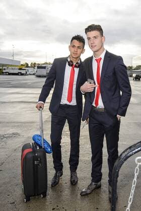 Standard s Junior Edmilson and Standard s Senne Vits pictured during the departure of Belgian first league soccer team Standard de Liege to Athens, Greece, Wednesday 02 November 2016, from Liege Airport. Tomorrow Standard is playing the fourth game of the group stage of the Europa League competition against Greek club Panathinaikos F.C., in Group G. NICOLASxLAMBERT  x04971112x