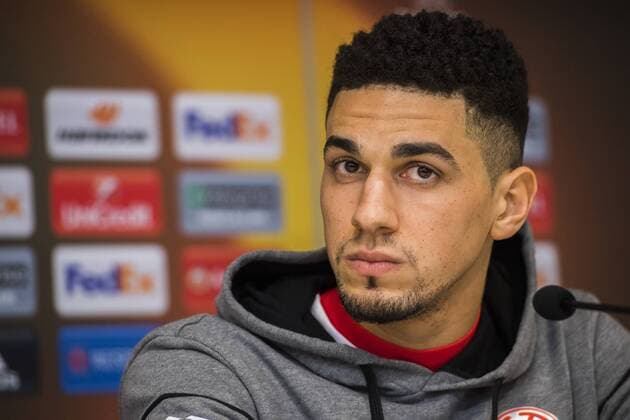Mainz defender Leon Balogun pictured during a press conference PK Pressekonferenz of German soccer club 1. FSV Mainz 05, Wednesday 02 November 2016 in Brussels. Tomorrow Mainz is playing the fourth game of the group stage of the Europa League competition against Belgian team RSC Anderlecht, in the group C. LAURIExDIEFFEMBACQ  x04971191x