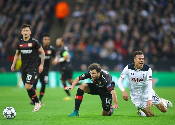 02.11.2016. Wembley, London, England. UEFA Champions League Football. Tottenham Hotspur versus Bayer Leverkusen. Tottenham Hotspur Midfielder Dele Alli is fouled by Bayer Leverkusen Forward Admir Mehmedi, and awarded a free kick xMarkxKertonx  ActionPlus11806944