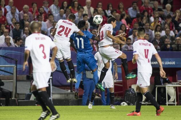 November 2, 2016 - Seville, Spain - Junior Fernandes of Dinamo Zagreb (C ) fights for the ball with Gabriel Mercado (L ) and Ganso (R ) of Sevilla during the UEFA Champions League Group H soccer match between Sevilla FC and GNK Dinamo Zagreb at Estadio Ramon Sanchez Pizjuan Soccer 2016 - Sevilla FC vs GNK Dinamo Zagreb - ZUMAa142 20161102_zap_a142_006