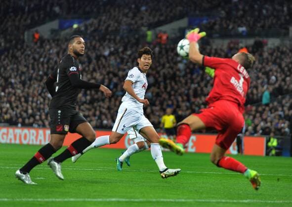 Football - 2016 2017 UEFA Champions League - Group E: Tottenham Hotspur vs. Bayer Leverkusen Heung - Min Son of Tottenham sees the shot saved by goalkeeper Bernd Leno at Wembley. COLORSPORT ANDREW COWIE 