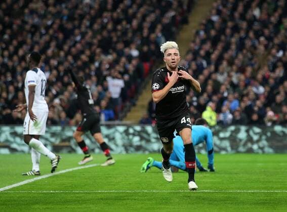 Leverkusen s Kevin Kampl celebrates scoring his sides opening goal during the Tottenham Hotspur - Bayer Leverkusen Champions League group E match at the Wembley Stadium, London. Picture date November 2nd, 2016 Pic David Klein Sportimage EDITORIAL USE ONLY. No use with unauthorised audio, video, data, fixture lists, club league logos or live services. Online in-match use limited to 120 images, no video emulation. No use in betting, games or single club league player publications.