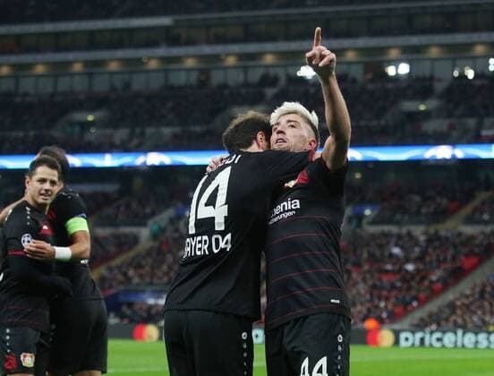 Leverkusen s Kevin Kampl celebrates scoring his sides opening goal during the Tottenham Hotspur - Bayer Leverkusen Champions League group E match at the Wembley Stadium, London. Picture date November 2nd, 2016 Pic David Klein Sportimage EDITORIAL USE ONLY. No use with unauthorised audio, video, data, fixture lists, club league logos or live services. Online in-match use limited to 120 images, no video emulation. No use in betting, games or single club league player publications.