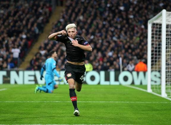 Leverkusen s Kevin Kampl celebrates scoring his sides opening goal during the Tottenham Hotspur - Bayer Leverkusen Champions League group E match at the Wembley Stadium, London. Picture date November 2nd, 2016 Pic David Klein Sportimage EDITORIAL USE ONLY. No use with unauthorised audio, video, data, fixture lists, club league logos or live services. Online in-match use limited to 120 images, no video emulation. No use in betting, games or single club league player publications.