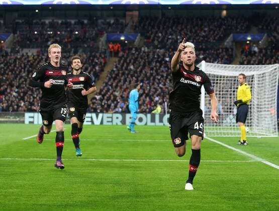 Leverkusen s Kevin Kampl celebrates scoring his sides opening goal during the Tottenham Hotspur - Bayer Leverkusen Tottenham Hotspur - Bayer Leverkusen Champions League group E match at the Wembley Stadium, London. Picture date November 2nd, 2016 Pic David Klein Sportimage EDITORIAL USE ONLY. No use with unauthorised audio, video, data, fixture lists, club league logos or live services. Online in-match use limited to 120 images, no video emulation. No use in betting, games or single club league player publications.