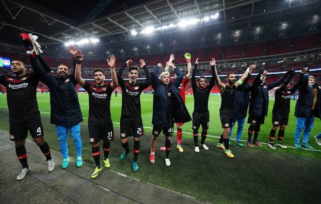 Leverkusen s players celebrates at the final whistle during the Tottenham Hotspur - Bayer Leverkusen Champions League group E match at the Wembley Stadium, London. Picture date November 2nd, 2016 Pic David Klein Sportimage EDITORIAL USE ONLY. No use with unauthorised audio, video, data, fixture lists, club league logos or live services. Online in-match use limited to 120 images, no video emulation. No use in betting, games or single club league player publications.