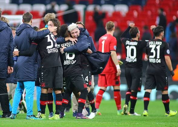 02.11.2016. Wembley, London, England. UEFA Champions League Football. Tottenham Hotspur versus Bayer Leverkusen. Bayer Leverkusen goal scorer Kevin Kampl and Bayer Leverkusen Defender Wendell celebrate the win at full time xMarkxKertonx  ActionPlus11807009