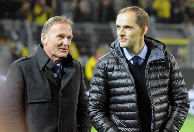 Thomas Tuchel - Stationen als Trainer, Borussia Dortmund 2015 - 2017 Championsleague: Borussia Dortmund - Sporting Lissabon 02.11.2016. BvB-Geschäftsführer Hans-Joachim Watzke (li.) und Trainer Thomas Tuchel. HM