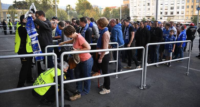 Genk s supporters pictured during a security check before the start of the soccer game between Spanish Club Athletic Bilbao and Belgian team KRC Genk in Bilbao, Spain, Thursday 03 November 2016, the fourth game of the group stage of the Europa League competition in Group F. YORICKxJANSENS  x04971562x