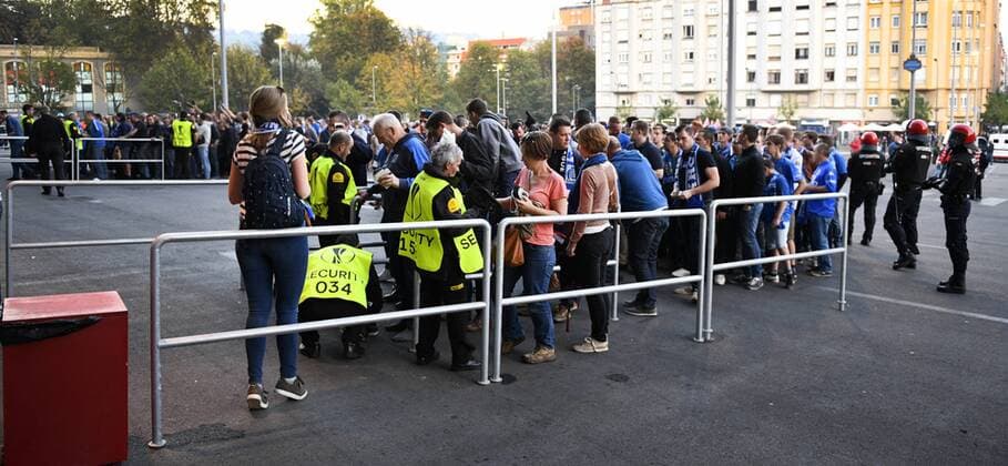 Genk s supporters pictured during a security check before the start of the soccer game between Spanish Club Athletic Bilbao and Belgian team KRC Genk in Bilbao, Spain, Thursday 03 November 2016, the fourth game of the group stage of the Europa League competition in Group F. YORICKxJANSENS  x04971561x