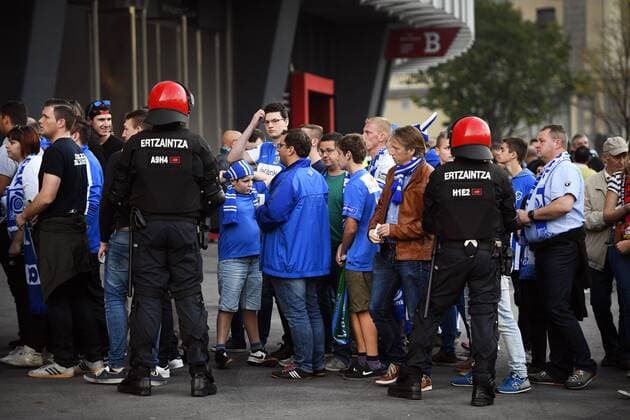 Genk s supporters pictured during a security check before the start of the soccer game between Spanish Club Athletic Bilbao and Belgian team KRC Genk in Bilbao, Spain, Thursday 03 November 2016, the fourth game of the group stage of the Europa League competition in Group F. YORICKxJANSENS  x04971556x