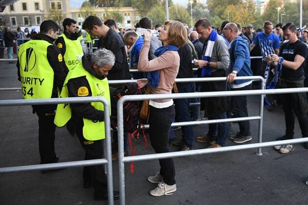 Genk s supporters pictured during a security check before the start of the soccer game between Spanish Club Athletic Bilbao and Belgian team KRC Genk in Bilbao, Spain, Thursday 03 November 2016, the fourth game of the group stage of the Europa League competition in Group F. YORICKxJANSENS  x04971563x