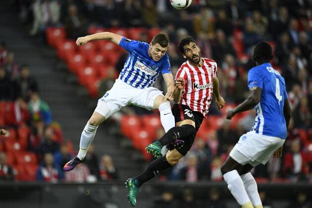 Genk s Bojan Nastic and Athletic s midfielder Raul Garcia fight for the ball during soccer game between Spanish Club Athletic Bilbao and Belgian team KRC Genk in Bilbao, Spain, Thursday 03 November 2016, the fourth game of the group stage of the Europa League competition in Group F. YORICKxJANSENS  x04971609x