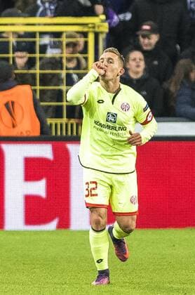 Mainz midfielder Pablo De Blasis celebrates after scoring during a soccer game between Belgian team RSC Anderlecht and German club 1. FSV Mainz 05, Thursday 03 November 2016 in Brussels, the fourth game of the group stage of the Europa League competition in the group C. LAURIExDIEFFEMBACQ  x04971653x