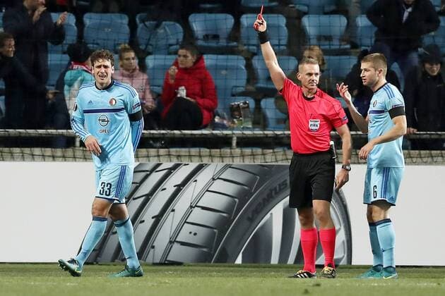 (L-R) Eric Botteghin of Feyenoord, referee Jacob Kehlet, Jan-Arie van der Heijden of Feyenoordduring the Europa League group A match between Zorya Luhansk and Feyenoord on Novemer 3, 2016 at the Chernomorets stadium in Odessa, Ukraine. Zorya Luhansk v Feyenoord UEFA Europa League 2016 2017 xVIxxIVx 6515947