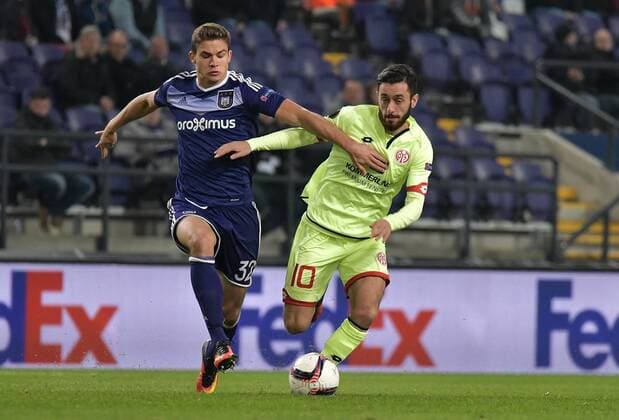 xtwx, 03.11.2016, Fussball Europa League, RSC Anderlecht - FSV Mainz 05, Gruppe C - 4. Spieltag v-l. Leander Dendonker (RSC Anderlecht), Yunus Malli (Mainz) Brüssel