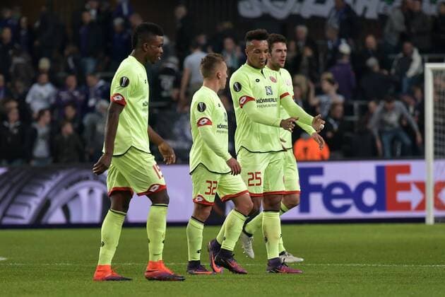 xtwx, 03.11.2016, Fussball Europa League, RSC Anderlecht - FSV Mainz 05, Gruppe C - 4. Spieltag Enttäuscht Jhon Cordoba , Pablo de Blasis, Jean-Philippe Gbamin, Stefan Bell (Mainz) Brüssel