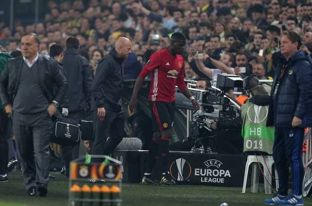 Manchester United ManU s Paul Pogba injured during a UEFA European League, group A soccer match, between Fenerbahce and Manchester United at Fenerbahce Ulker Arena in Istanbul, 3rd of November, 2016. (Tolga Adanali - Depo Photos)  15552961