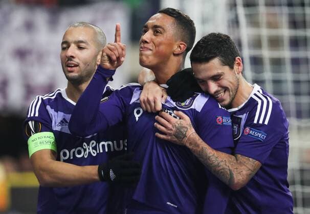 Anderlecht s Sofiane Hanni, Anderlecht s Youri Tielemans and Anderlecht s Nicolae-Claudiu Stanciu celebrate after scoring during a soccer game between Belgian team RSC Anderlecht and German club 1. FSV Mainz 05, Thursday 03 November 2016 in Brussels, the fourth game of the group stage of the Europa League competition in the group C. VIRGINIExLEFOUR  x04971760x