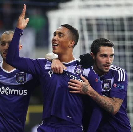 Anderlecht s Sofiane Hanni, Anderlecht s Youri Tielemans and Anderlecht s Nicolae-Claudiu Stanciu celebrate after scoring during a soccer game between Belgian team RSC Anderlecht and German club 1. FSV Mainz 05, Thursday 03 November 2016 in Brussels, the fourth game of the group stage of the Europa League competition in the group C. VIRGINIExLEFOUR  x04971751x