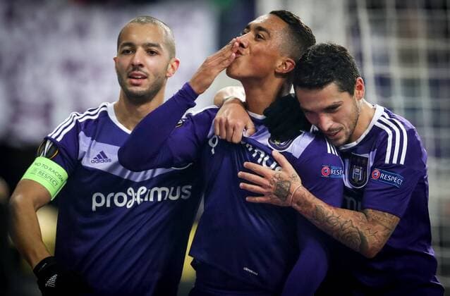 Anderlecht s Sofiane Hanni, Anderlecht s Youri Tielemans and Anderlecht s Nicolae-Claudiu Stanciu celebrate after scoring during a soccer game between Belgian team RSC Anderlecht and German club 1. FSV Mainz 05, Thursday 03 November 2016 in Brussels, the fourth game of the group stage of the Europa League competition in the group C. VIRGINIExLEFOUR  x04971756x