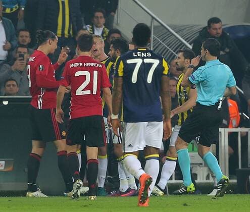 UEFA Europa League Group A day 4 match between Fenerbahce and Manchester United ManU at Ulker Stadium in Istanbul , Turkey , November 03 , 2016. Pictured: Simon Kjaer of Fenerbahce and Zlatan Ibrahimovic , Coach Jose Mourinho of Manchester United. 