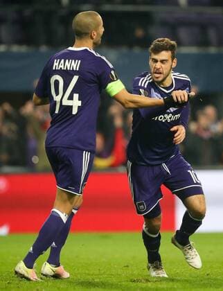 Anderlecht s Massimo Bruno celebrates after scoring during a soccer game between Belgian team RSC Anderlecht and German club 1. FSV Mainz 05, Thursday 03 November 2016 in Brussels, the fourth game of the group stage of the Europa League competition in the group C. VIRGINIExLEFOUR  x04971853x