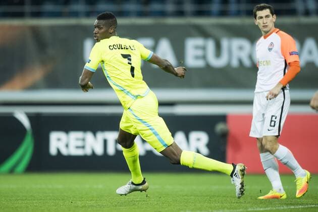 Gent s Kalifa Coulibaly celebrate after scoring during a soccer game between Belgian team KAA Gent and Ukrainian club FC Shakhtar Donetsk, in Gent Thursday 03 November 2016, the fourth match of the group stage of the Europa League competition in Group H. JASPERxJACOBS  x04971869x