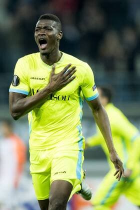 Gent s Kalifa Coulibaly celebrates after scoring during a soccer game between Belgian team KAA Gent and Ukrainian club FC Shakhtar Donetsk, in Gent Thursday 03 November 2016, the fourth match of the group stage of the Europa League competition in Group H. JASPERxJACOBS  x04971903x