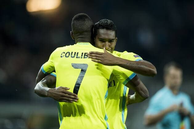 Gent s Kalifa Coulibaly and Gent s Renato Neto celebrate after scoring during a soccer game between Belgian team KAA Gent and Ukrainian club FC Shakhtar Donetsk, in Gent Thursday 03 November 2016, the fourth match of the group stage of the Europa League competition in Group H. JASPERxJACOBS  x04971909x