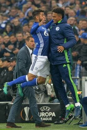 GER, Europa League, FC Schalke 04 vs FK Krasnodar 03.11.2016, Veltins-Arena, Gelsenkirchen, GER, Europa League, FC Schalke 04 vs FK Krasnodar, im Bild Torjubel zum 1:0 von links: Junior Caicara ( Schalke 3 ), Thilo Kehrer ( Schalke 20 ) beim Basketball-Jubel Foto © nordphoto Treese nordphotoxTreese