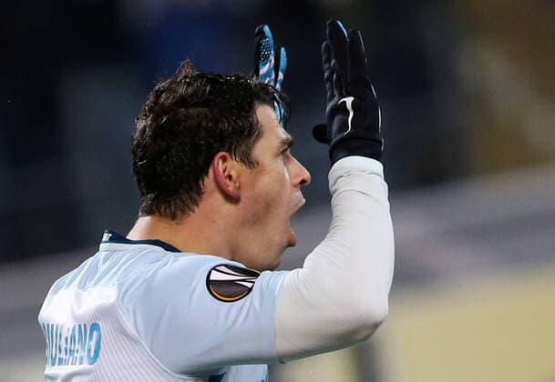 ST PETERSBURG, RUSSIA - NOVEMBER 3, 2016: Zenit St Petersburg s Giuliano celebrates scoring in the 2016-17 Season UEFA Europa League Group D football match against Dundalk at the Petrovsky Stadium. FC Zenit St Petersburg won the game 2-1. Peter Kovalev TASS  TS03677B