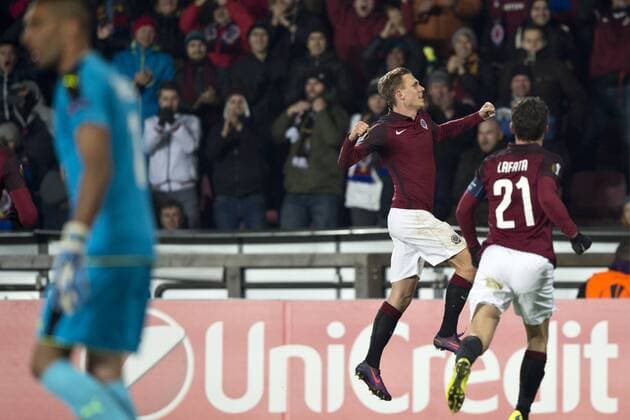 Borek Dockal of Sparta, centre, celebrates goal and David Lafata of Sparta, right, during the European league match AC Sparta Praha vs Hapoel Beer-Sheva FC in Prague, Czech Republic, November 3, 2016. (CTKxPhoto MichalxKamaryt) CTKPhotoP201611031172701  kmt 2
