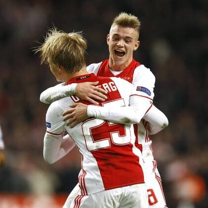 (l-r) Kasper Dolberg of Ajax Amsterdam scored, Daley Sinkgraven of Ajax Amsterdamduring the UEFA Europa League group G match between Ajax Amsterdam and Celta de Vigo at the Amsterdam Arena on November 3, 2016 in Amsterdam, The Netherlands Ajax v Celta de Vigo UEFA Europa League 2016 2017 xVIxxIVx 6517323
